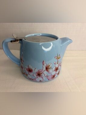 Alfred Blue Floral Ceramic Teapot with Pink Cherry Blossom Design
